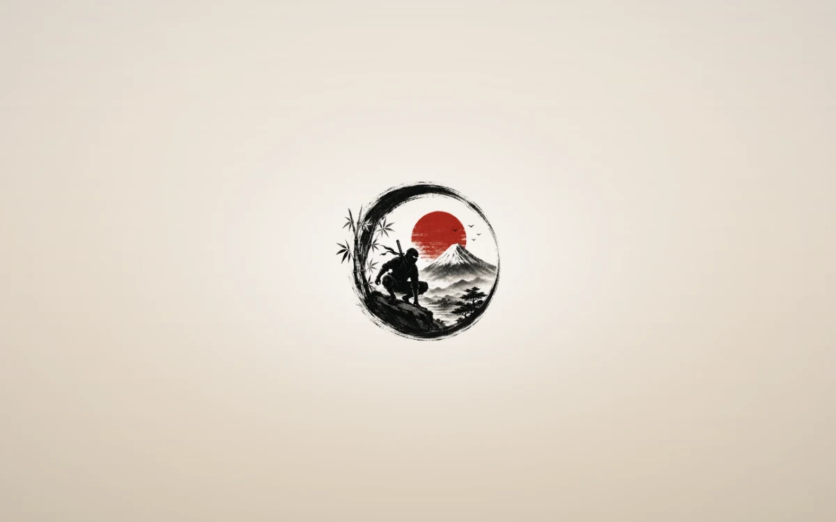 The NomadNinja logo an ink-brush circle of a climber beneath a red sun